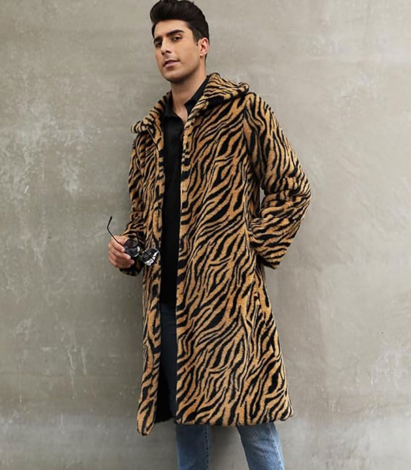 INVACHI Men's Leopard Print Faux Fur Coat