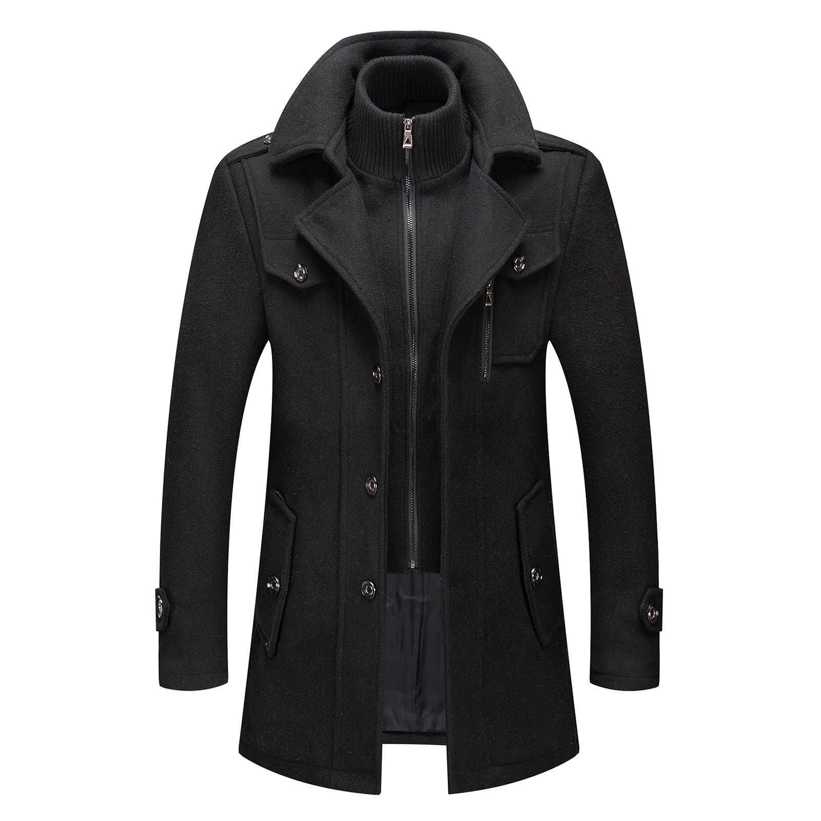 INVACHI Men's Wool Blend Coat Double Collar Trench Coat Single Breasted Overcoat for Autumn Winter