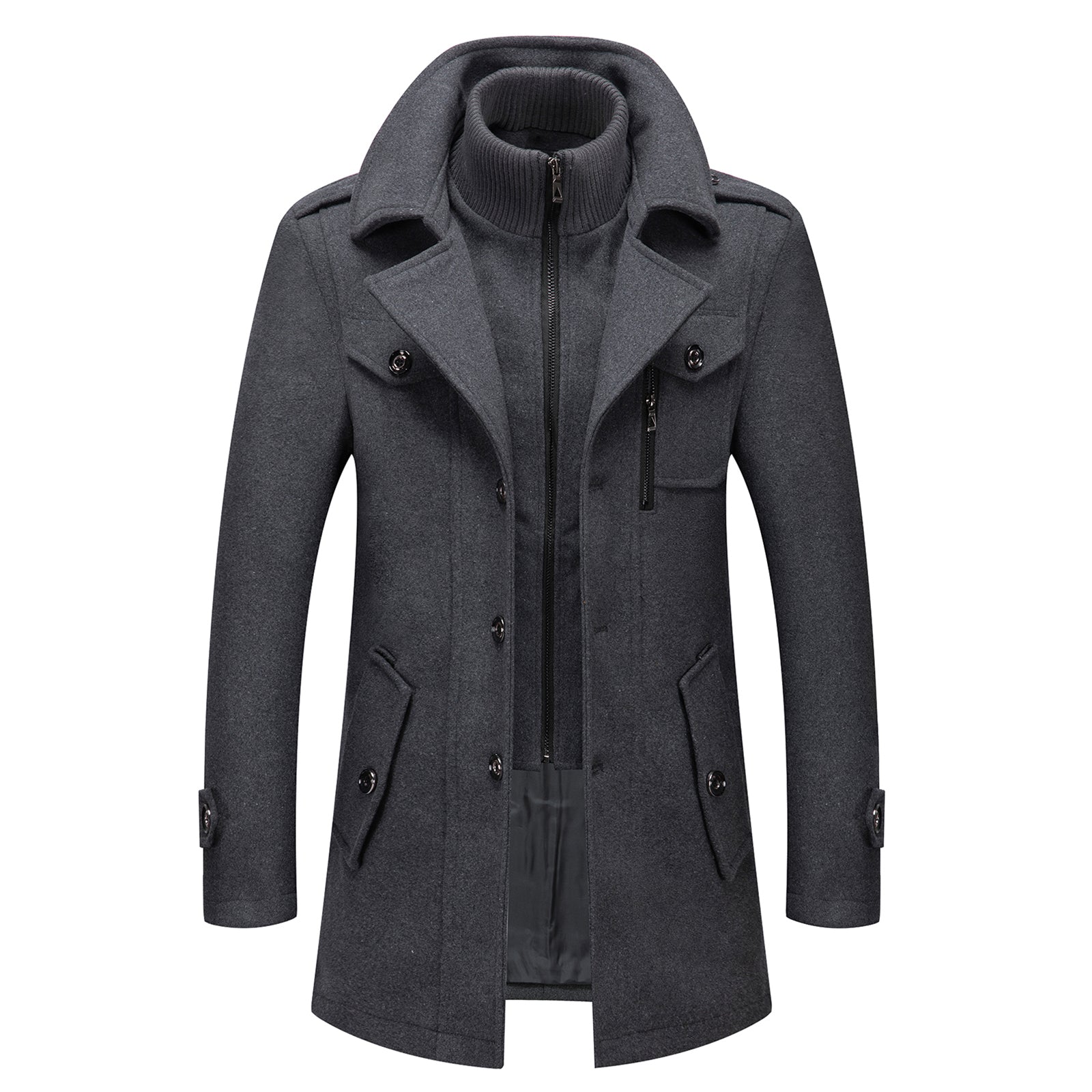 INVACHI Men's Wool Blend Coat Double Collar Trench Coat Single Breasted Overcoat for Autumn Winter