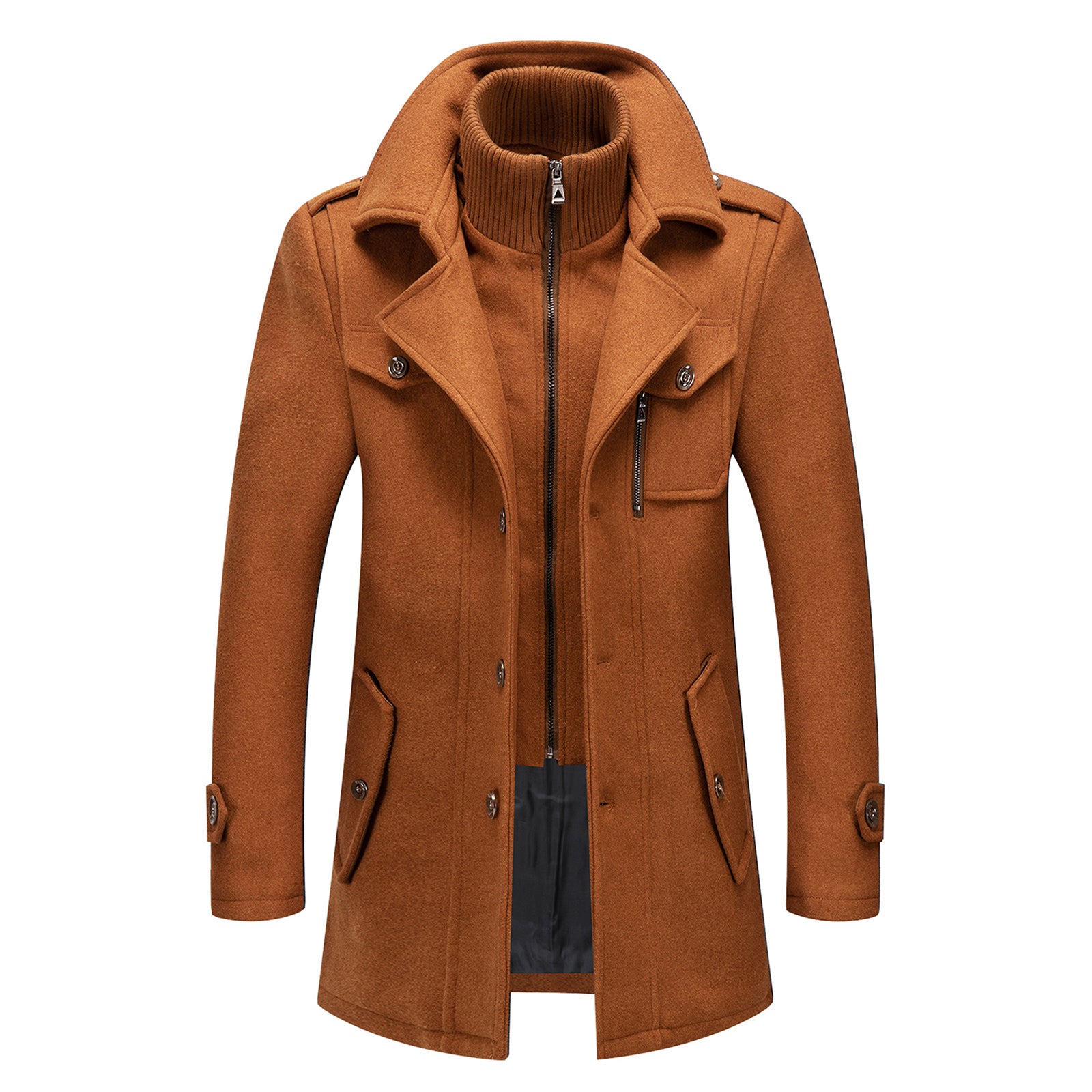 INVACHI Men's Wool Blend Coat Double Collar Trench Coat Single Breasted Overcoat for Autumn Winter