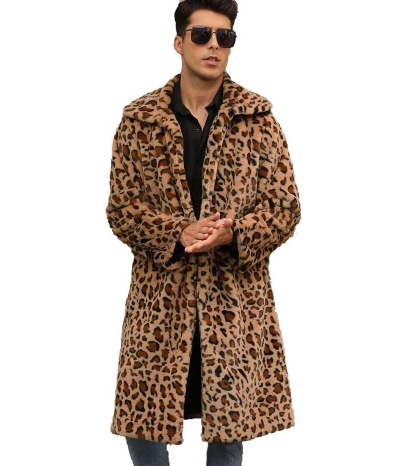 INVACHI Men's Leopard Print Faux Fur Coat