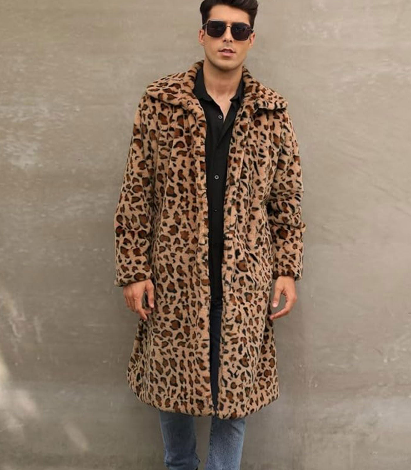 INVACHI Men's Leopard Print Faux Fur Coat