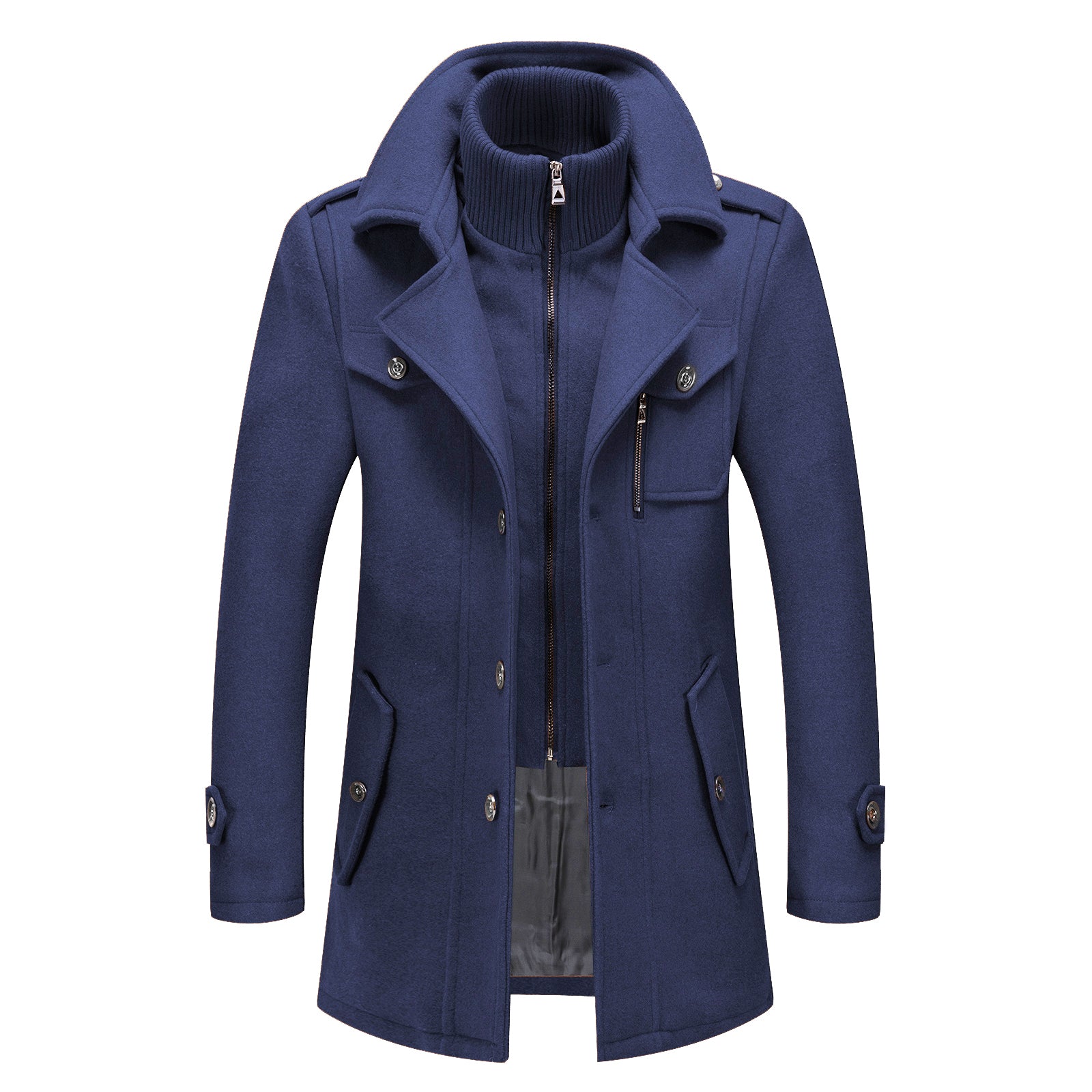 INVACHI Men's Wool Blend Coat Double Collar Trench Coat Single Breasted Overcoat for Autumn Winter