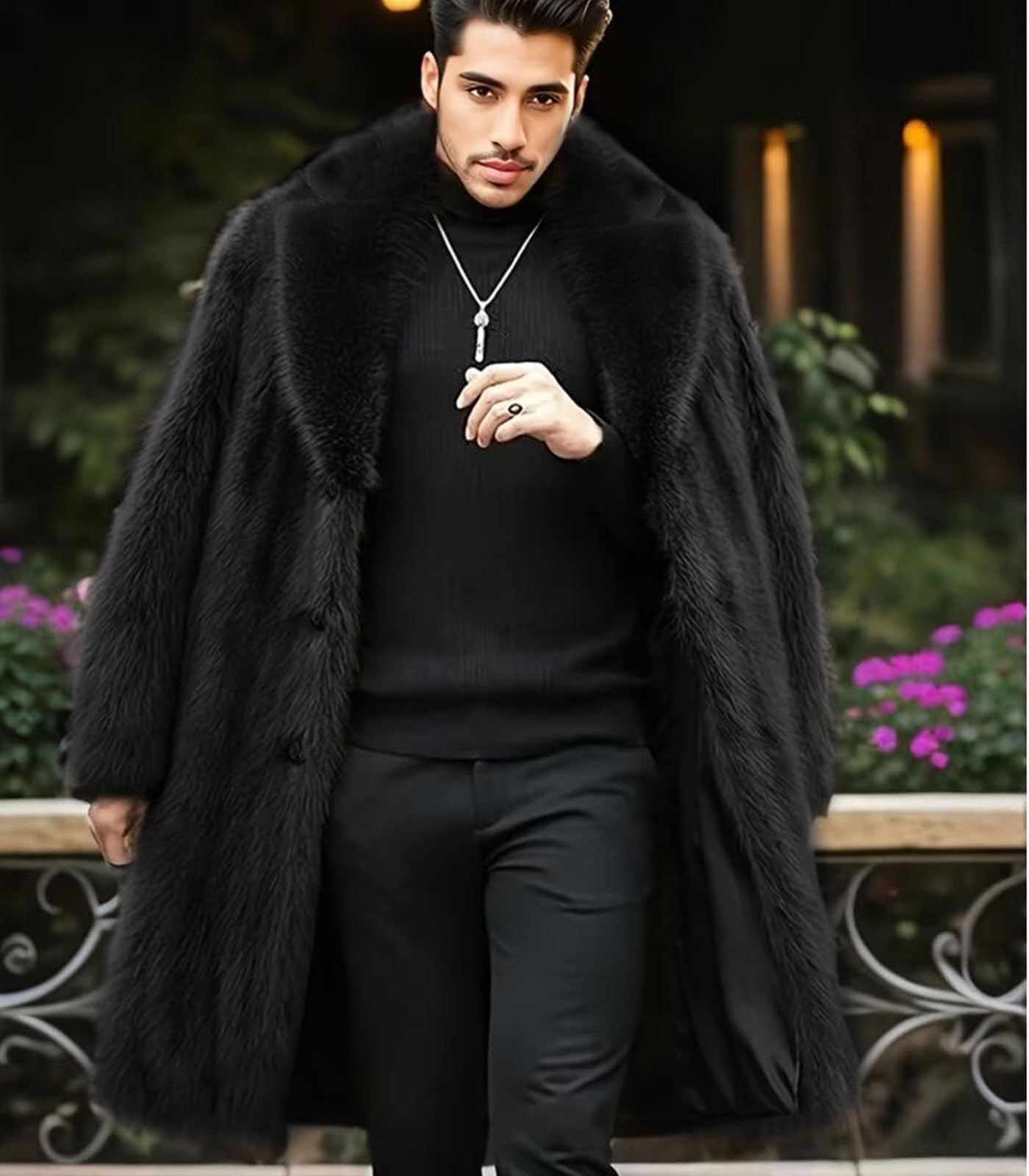 INVACHI Mens Faux Fur Coat (Notch Lapel)