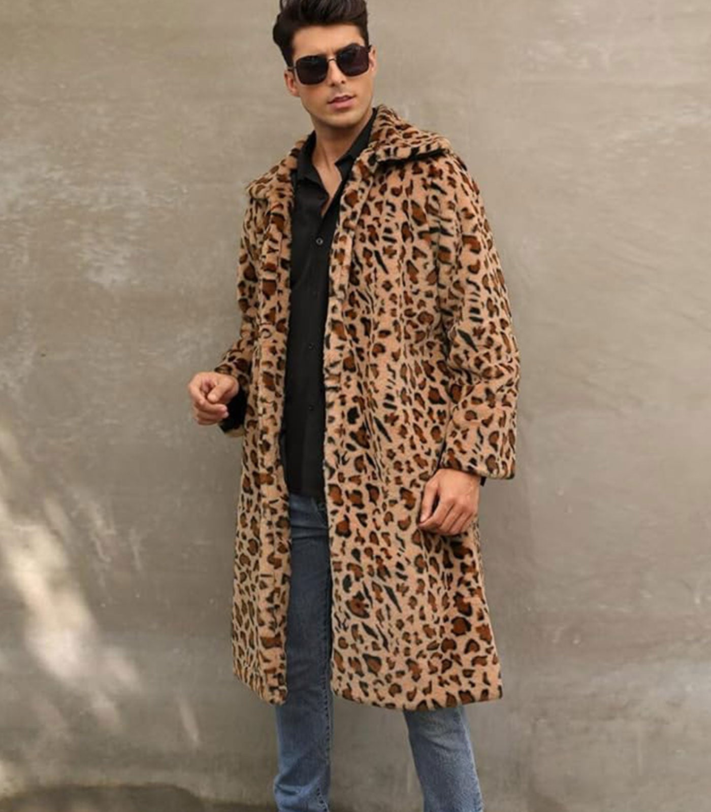 INVACHI Men's Leopard Print Faux Fur Coat