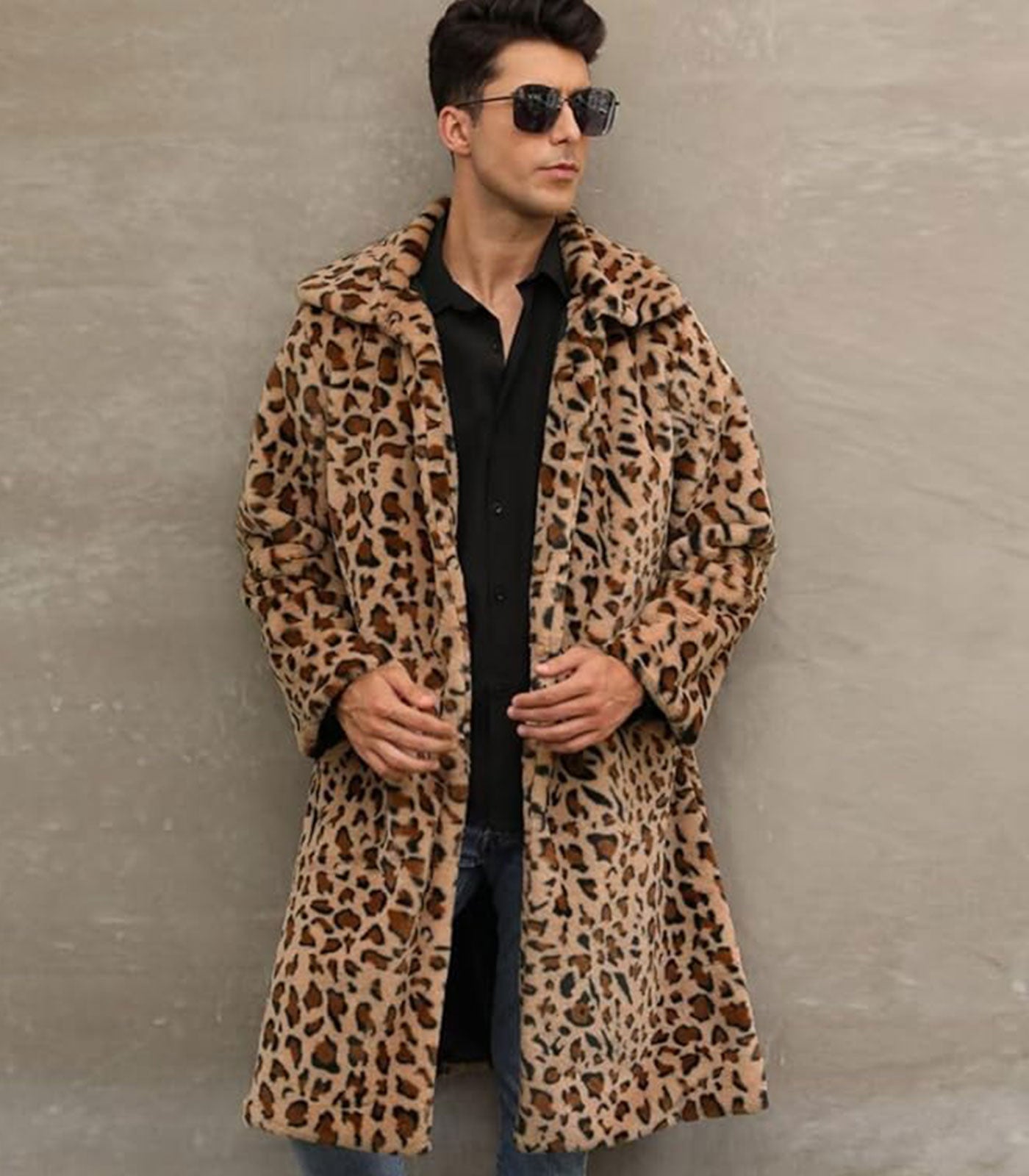 INVACHI Men's Leopard Print Faux Fur Coat