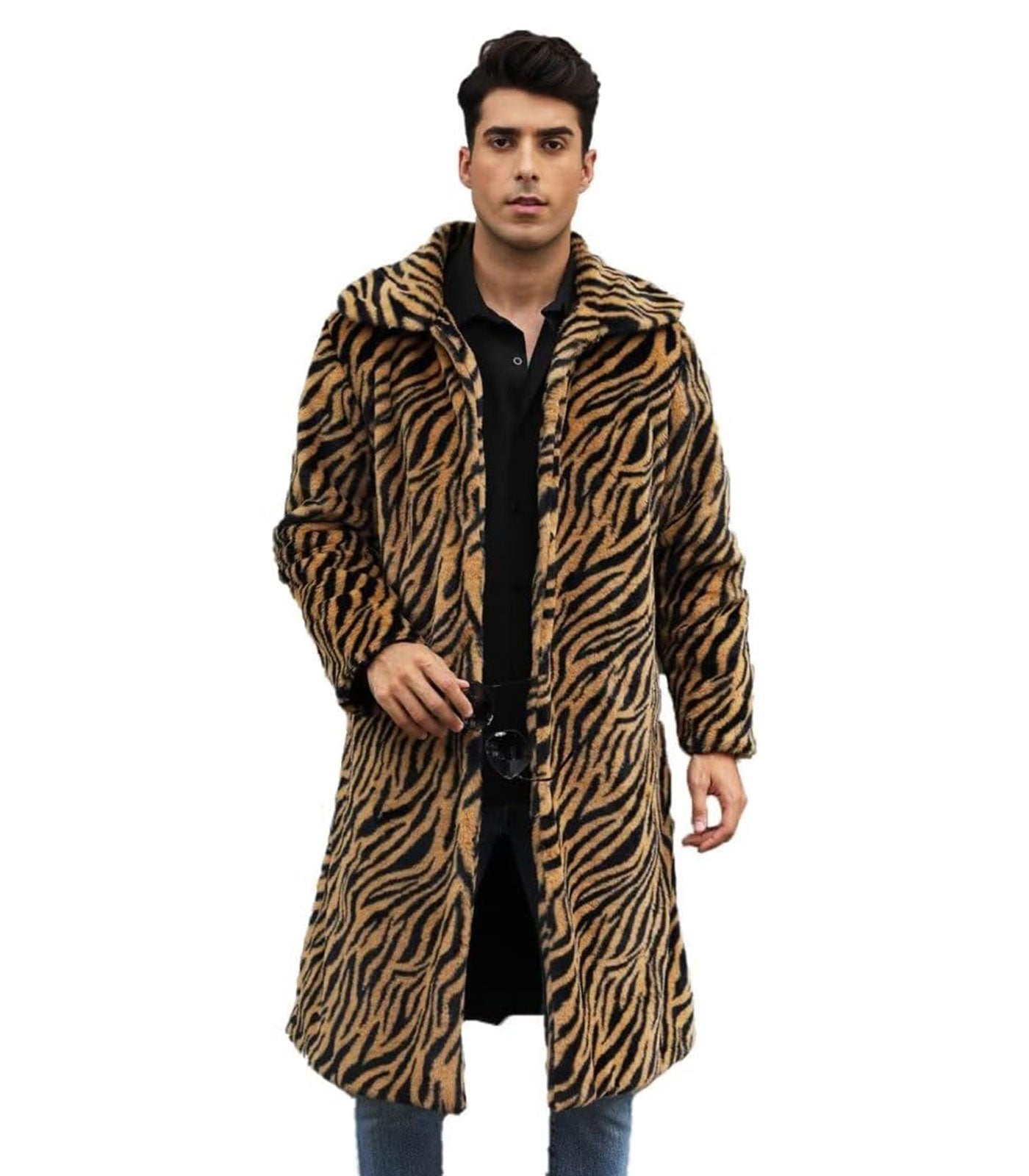 INVACHI Men's Leopard Print Faux Fur Coat