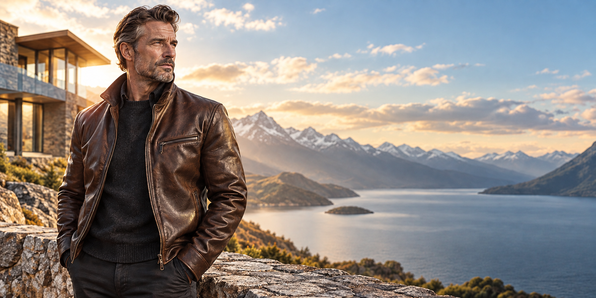 Mature male model in a brown leather jacket overlooking a bright mountain lake